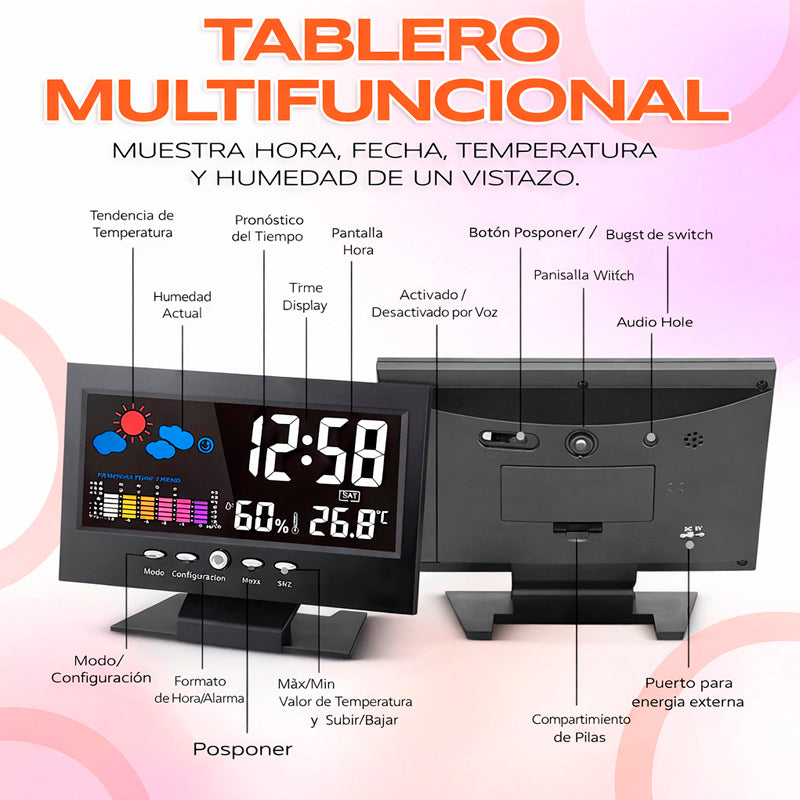Reloj Digital Meteorológico 4 en 1 – Hora, Clima, Humedad y Despertador