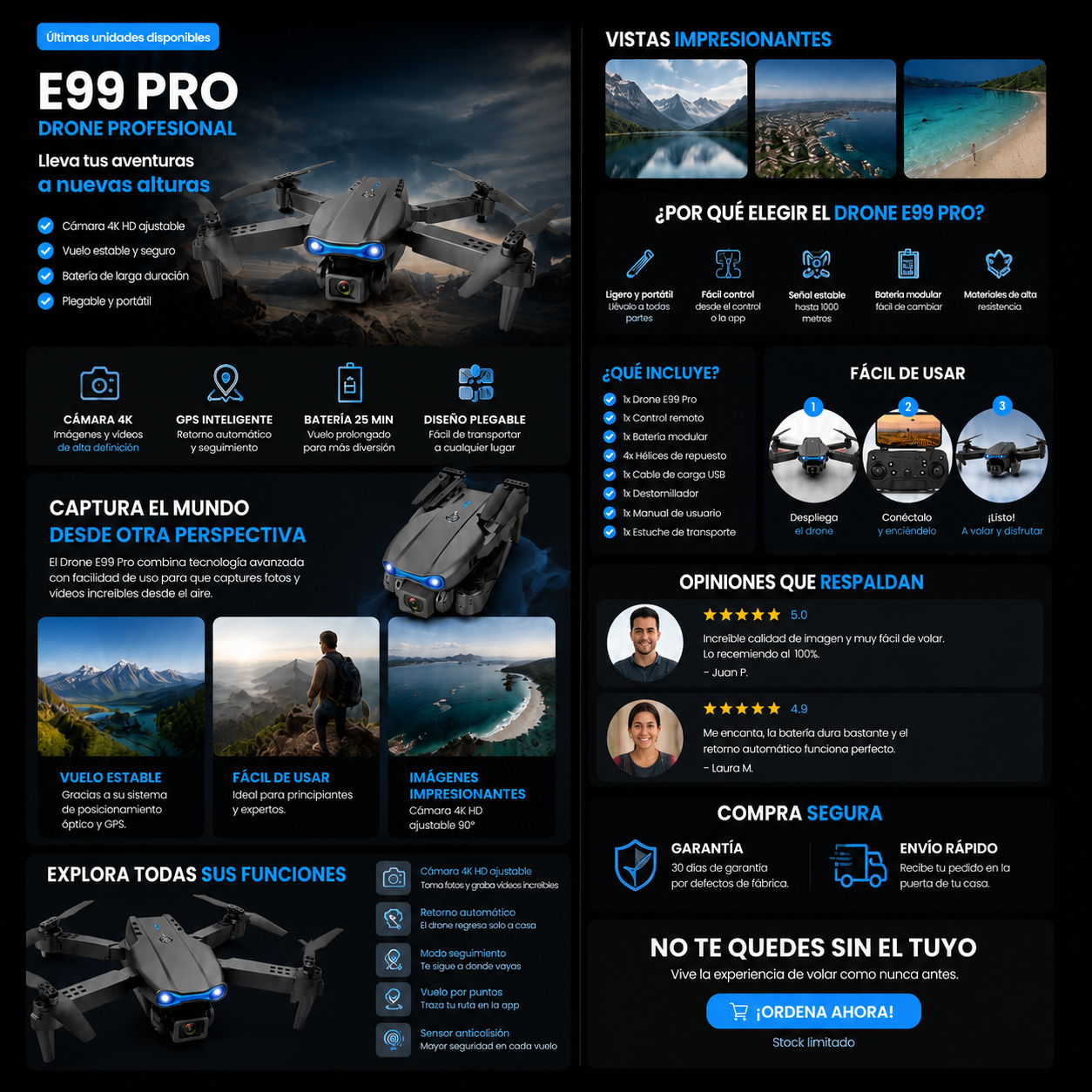 Drone E99 Pro Profesional | Cámara HD | GPS | Diseño Plegable