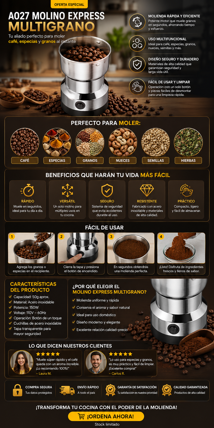 Molino Eléctrico MultiGrano – Muele Café, Arroz, Especias y Más en Segundos