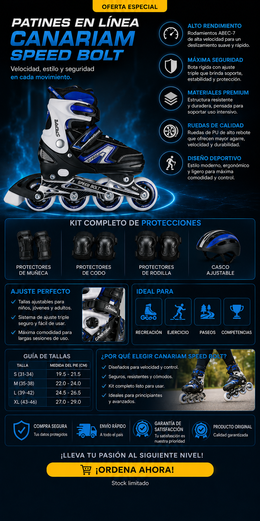 Patines en Línea Canariam Speed Bolt – Velocidad, Control y Estilo