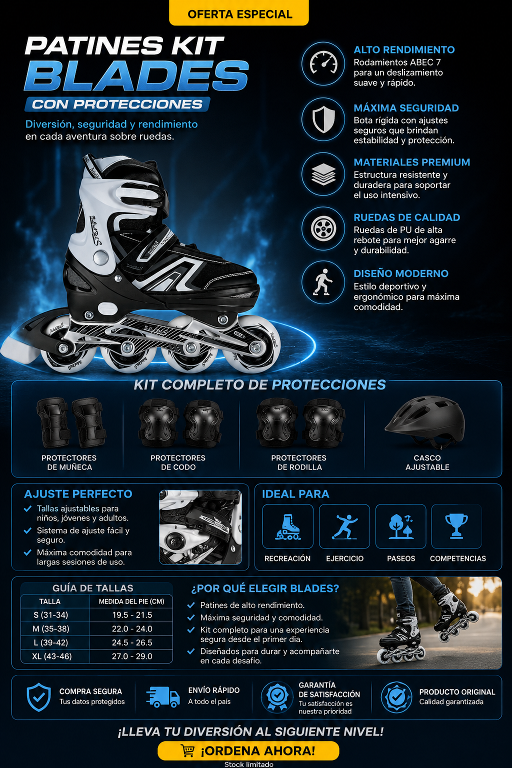Patines Blades con Kit de Protección – Rodilleras, Coderas y Muñequeras Incluidas
